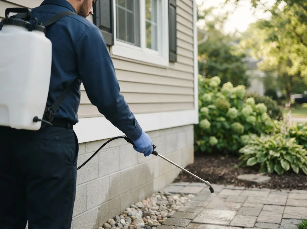 Pest control technician inspecting a home in Adair, IA